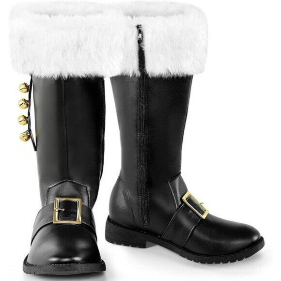 Other - Men Black Buckle Strap and Bell Premium Faux Leather Wide Calf Santa Combat Boot